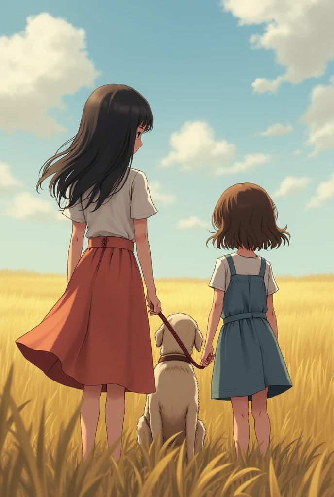 A black-haired girl accompanied by a blonde dog and a age girl in a field