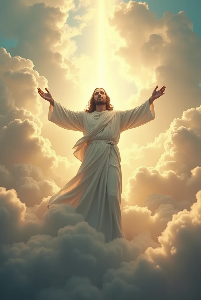 Jesus Christ in the middle of the sky, the sunlight is dim in the clouds, and angels are around him everywhere, and he opens his arms and his robe is bright white.