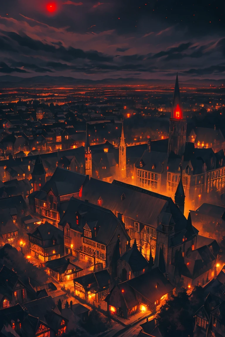 old European village shot with bird view, (Red glowing eyes), masterpiece, Depth of written boundary, Lutz, Gwaites style artwork, Gothic aesthetics, Dark Vampire village, ((in the dark gothic style cathle:1)), ((dark mid-night time:1.5)),