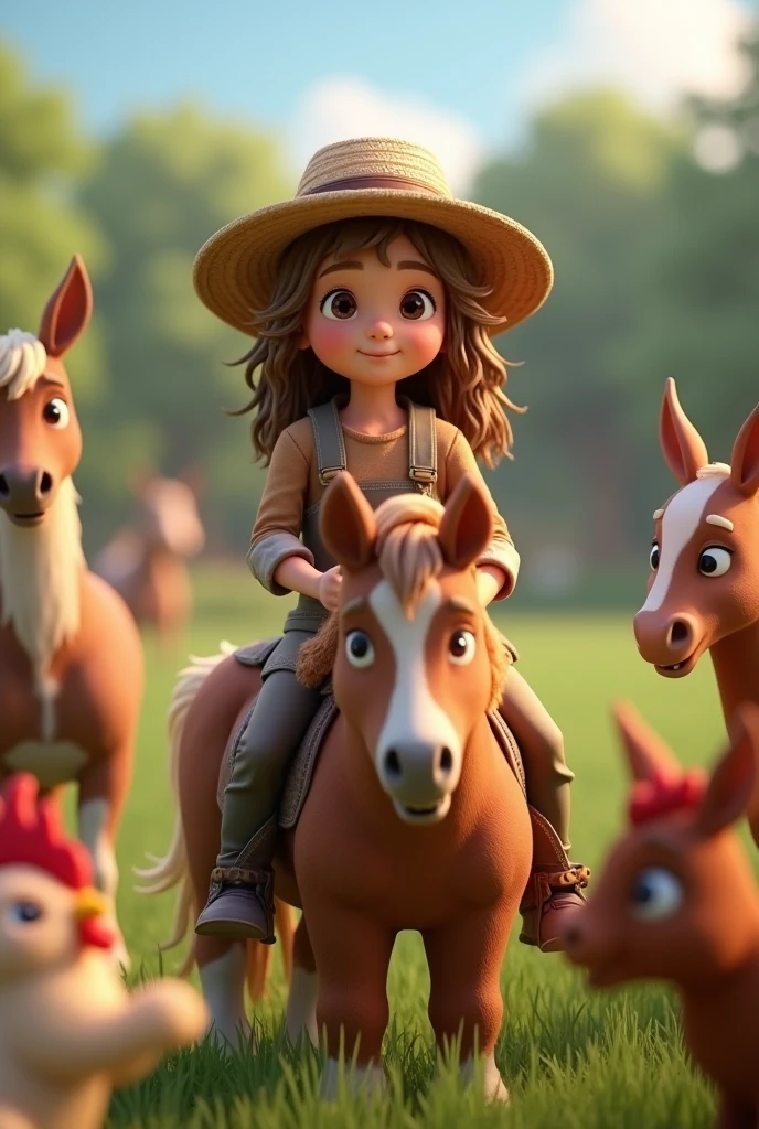 A child farmer, long hair, light brown hair slightly curly, brown dark eyes, straw hat working with birds , sitting on the pony, chickens, boi, horses and rabbits 3d hd image