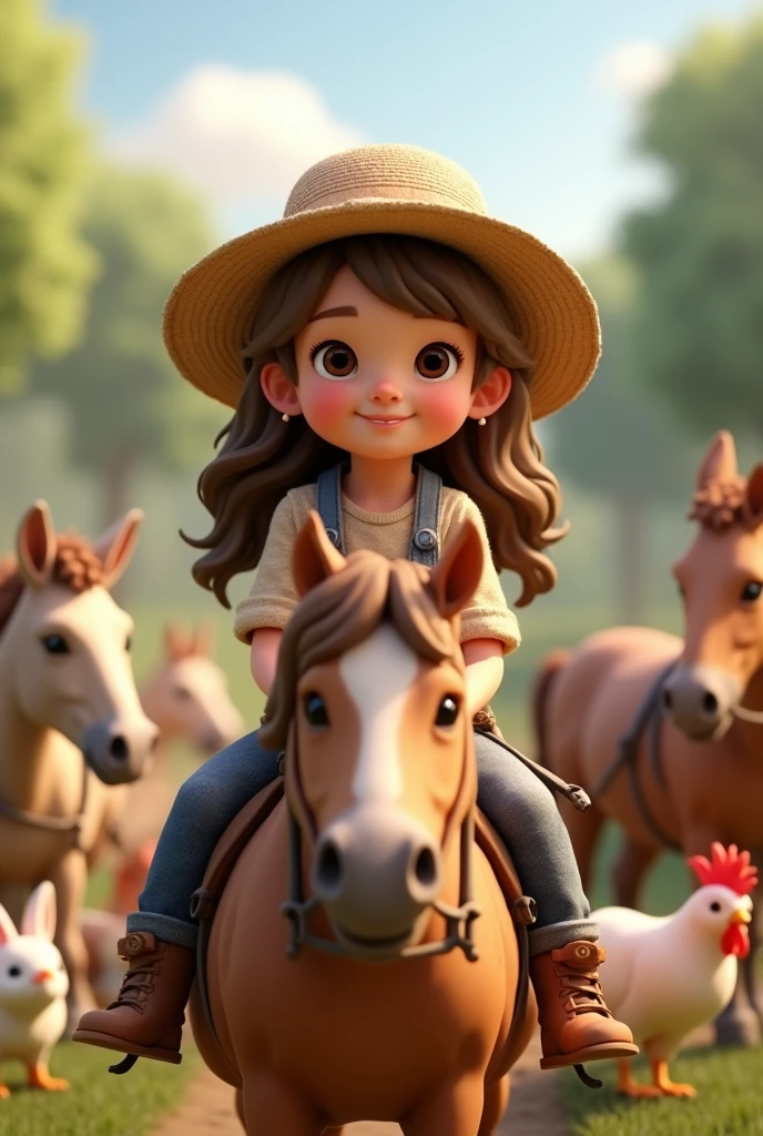 A farmer, long hair, light brown hair slightly curly, brown dark eyes, straw hat working with birds , sitting on the pony, chickens, boi, horses and rabbits 3d hd image
