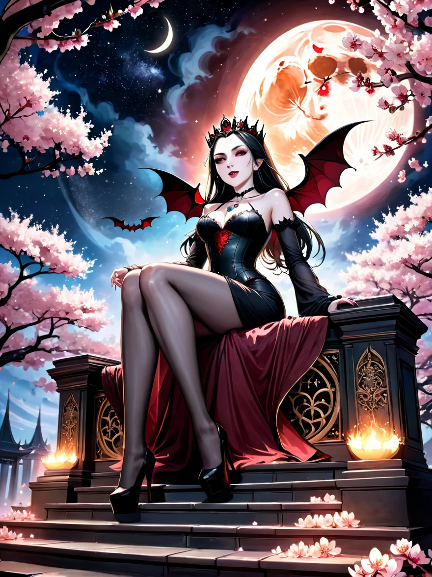 black and white lineart, LineAniAF, (low angle shot:1.3), (front view:1.3), grand staircase ascending towards the heavens, at the top a beautiful ((vampire queen sits upon a menacing legendary throne)) (((looking at the viewer))), surrounded by cherry blossoms floating in the air, starry ethereal night sky as a backdrop, the thick outlines emphasize her vampiric aura of power and dominance, a huge moon adds to her otherworldly presence, magical portal in the background, flames