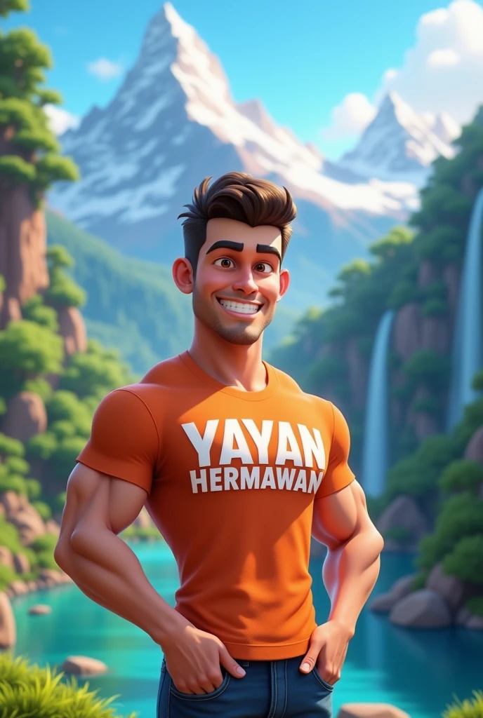 3d cartoon image of a handsome man wearing a t-shirt that says YAYAN HERMAWAN with a beautiful background of mountains and waterfalls
