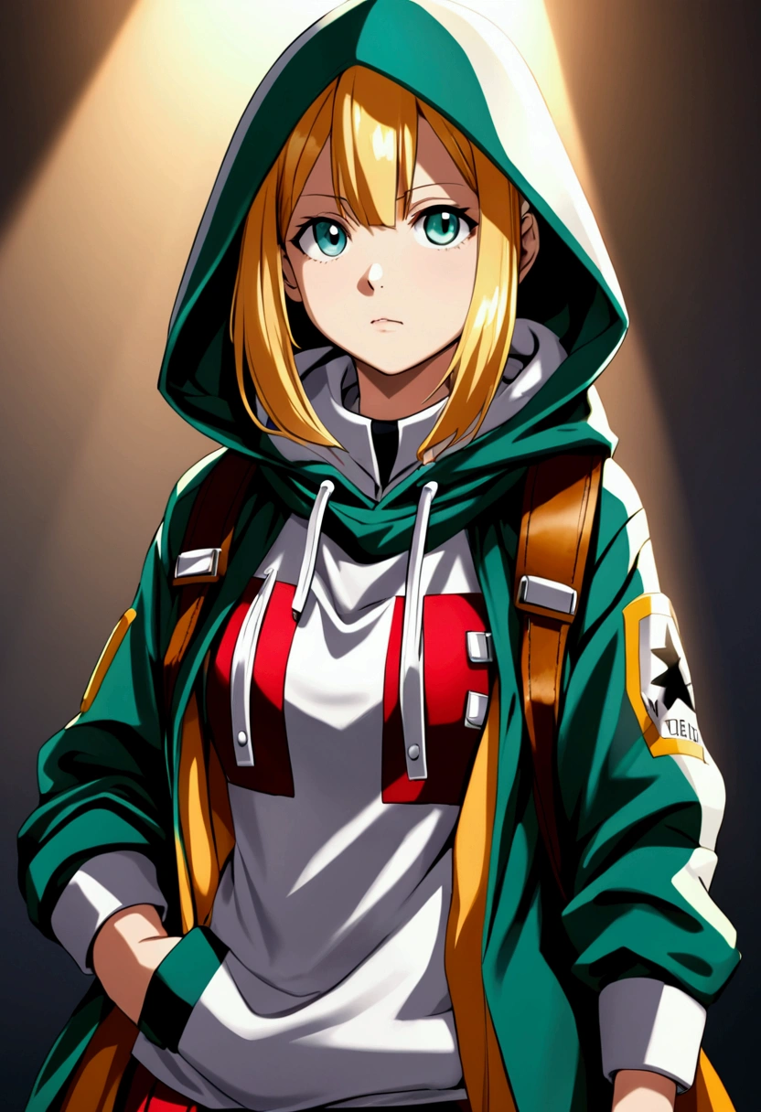 A 15 year old girl wearing a My hero academia uniform and a long hooded sweater