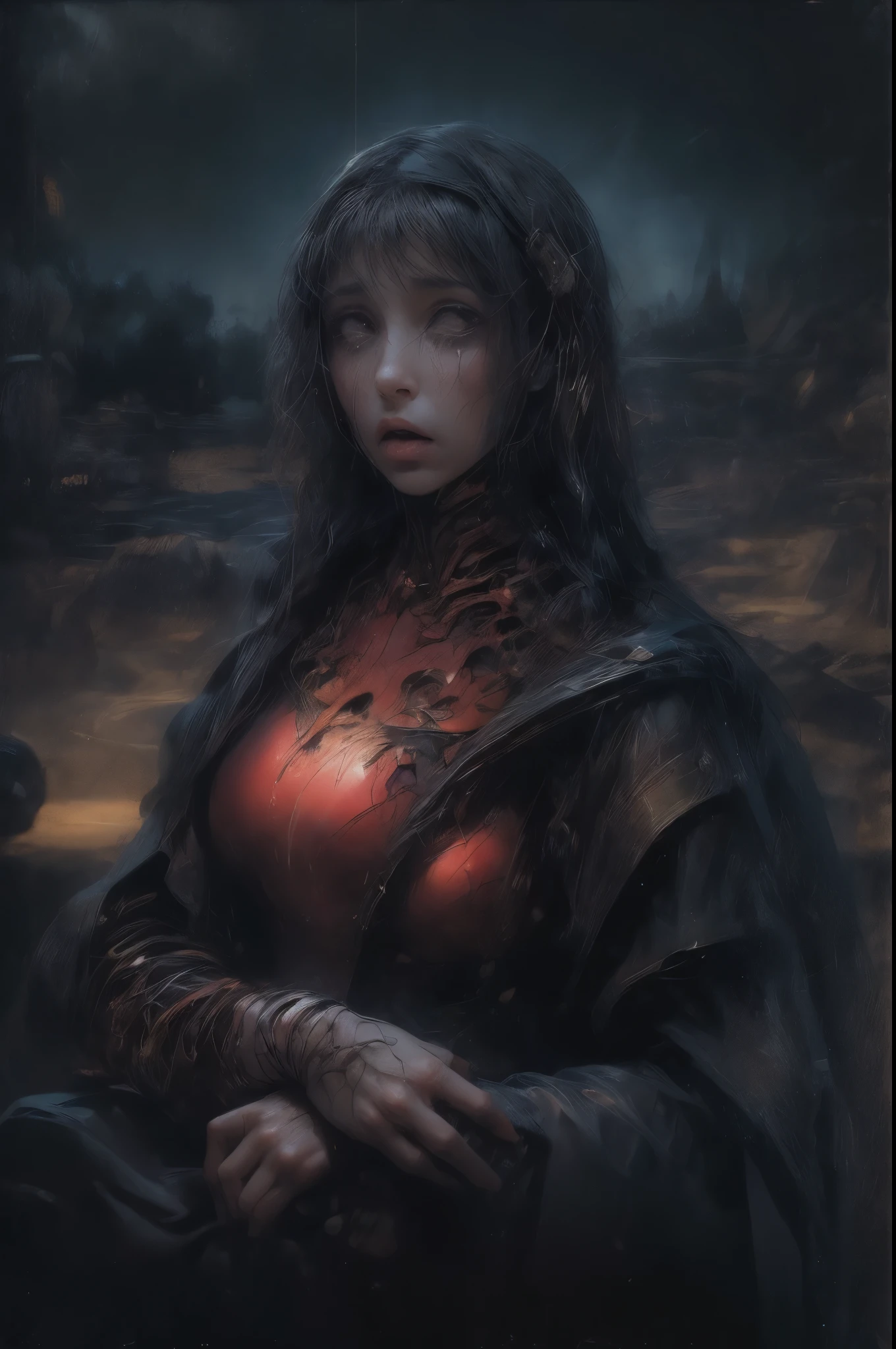 (in Cyberworld, cyber bodysuit, cyber face), [glowing skin, tecno-skin, (She is a 32 years old woman, she is simple woman:1.7), she has ugly face, she has paleskin, (alien face:2.0), (heart face shape:2.0), (she has metallic long hair:1.5), (crying eyes:1.5), tears on cheecks, (in hi-tech dress, no undressing:1.9), she has mature body, chaste, innocent, pure, candid body, (correct anatomy, correct face:1.8), (muscular:1.3), Mona Lisa dressing, wallpaper, depth of field, sad look, face forward], (correct anatomy, correct fingers:1.2), (sfw:1.5), in an photorealistic style. body photoshot, Pouting lips. Tears fall down from eyes. (desperate:1.5), smallest eyes, (crying woman, fear, desperation:1.5). desperate face, desperate look. IOutdoor, lake and trees. Masterpiece, best quality, 8K, photo realistic, wallpaper, wallpaper 8k, photographic contest winner, Hyperrealistic art cinematic film still photography in the style of detailed hyperrealism photoshoot. [Entire scene is surrounded by mist, evoking a mysterious and eerie atmosphere. The lighting is dark and atmospheric, with smoke adding a touch of sinister ambiance. Best quality image, HDR enhancement, showcasing the utmost level of detail and realism, full body shot:1.5]. [8K, Best Quality, Ultra High Resolution, (highly detailed CG unity 8k wallpaper), (best photo), (best shadows), isometric 3D, octane rendering, ray tracing, highly detailed, (Best quality, 4K, 8k:1.2), absurdity, ultra detailed, (realistic, photorealistic, photorealistic:1.37), complex parts, HDR, (complex parts:1.12), (hyper detailed, hyper realistic, Soft lighting, spicy:1.2), (complex parts, Hyper detailed:1.15). Blurred foreground. (backlit), masterpiece, high quality, brightness, chromatic aberration, foggy smoke, shadows, contrast, clear sky, (warm hue, warm tone), high details, natural reflections].