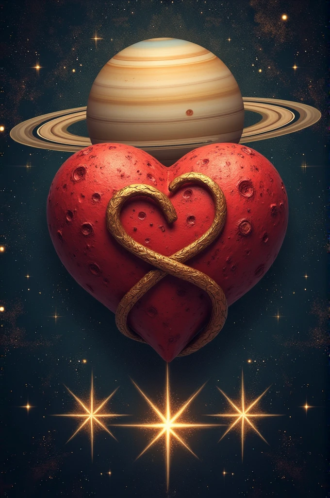 Two hearts intertwined with a Saturn and three stars in a line