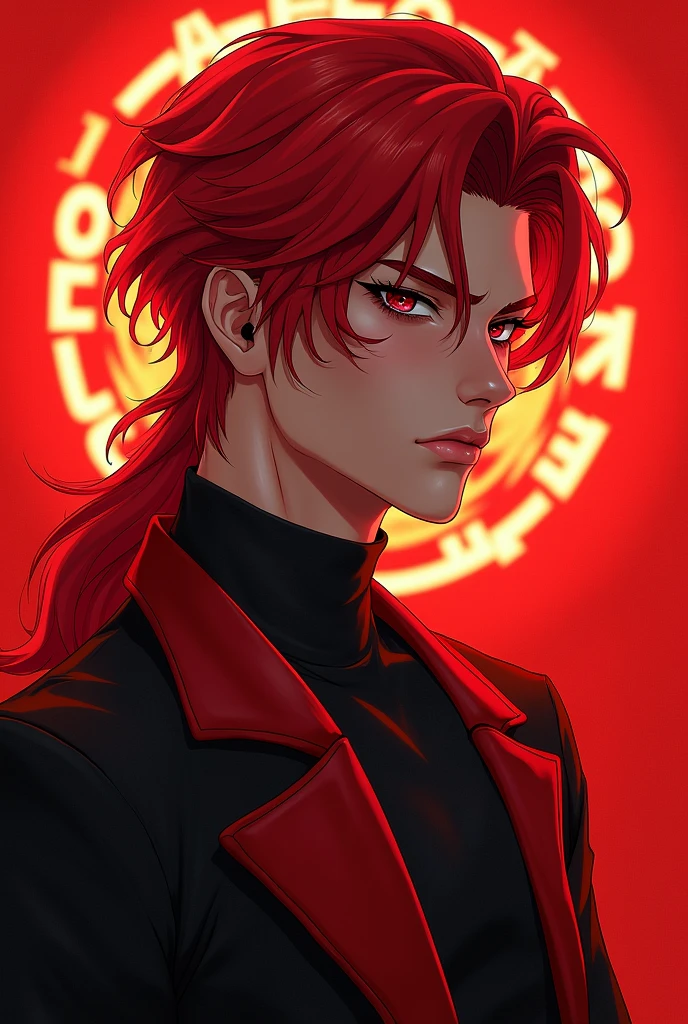 realistic anime‚ red hair‚ handsome‚ god‚ cool‚ barbie boy‚ handsome‚ red background‚ big logo REDGANGSTA in background
