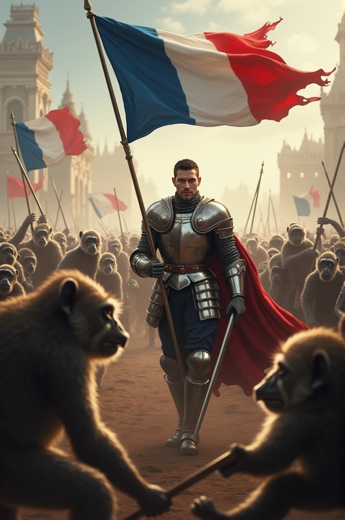 Jordan Bardella qui tien dans ça main un drapeaux français, The whole scene and dive into a battle between knights and monkeys