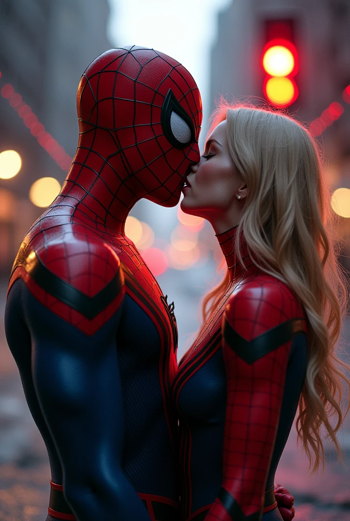 detailded, spiderman kissing gwen on a web, focus on gwen looking at the screen, photo realist, natta, red traffic lights, fully body