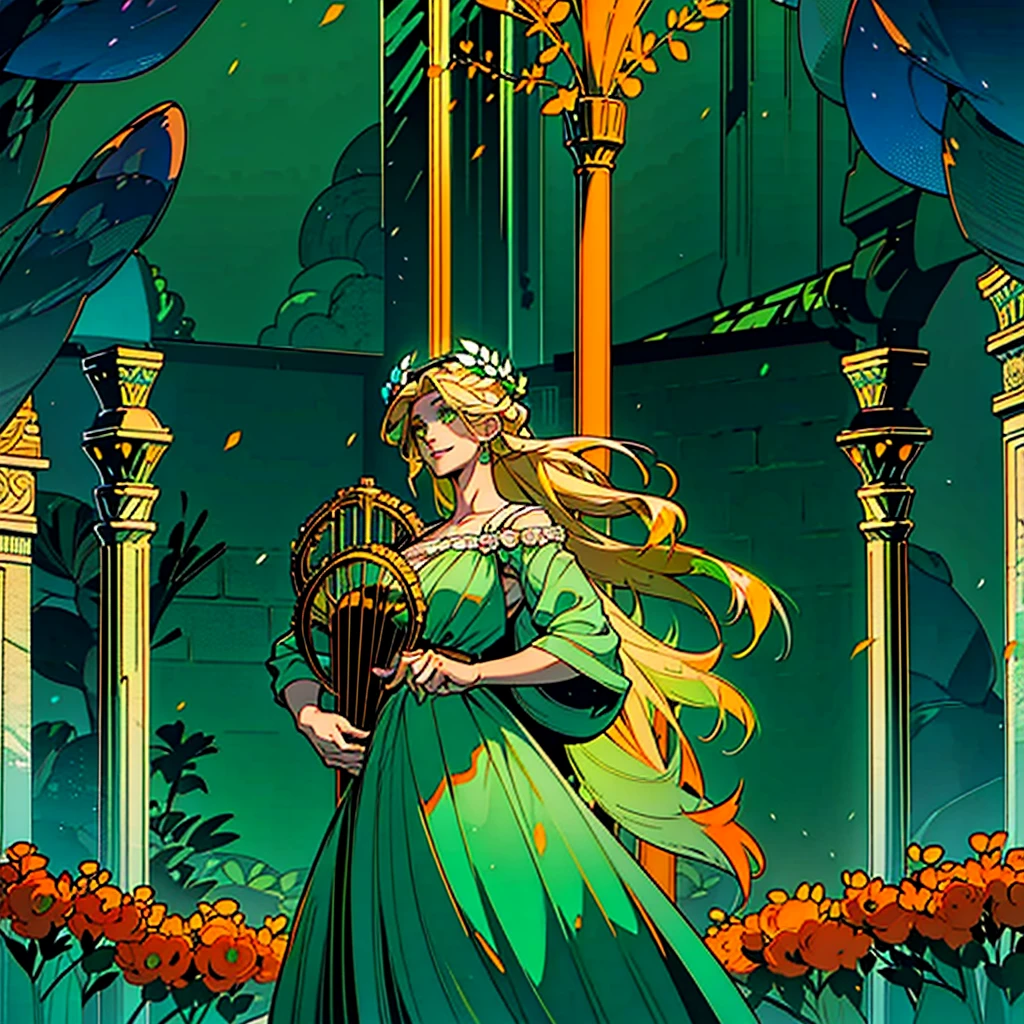 1woman, alone, 25 years old, young, blonde hair, green eyes, insister sur les reflets des yeux verts, cheveux blonds, long hair, green dress, robe verte, green outfit, green clothes, pure outfit, smiling, soft expression, hades style, hades game, Jen zee style, greek themed image, greek background, persephone, tartarus scenery, in a garden with orange flowers, fumes, greek columns in background, lots of columns, greek architecture, green themed image, black furniture, blue touches of color, orange walls, looking at viewer, holding a lyre, holding a musical instrument, soft themed image, hades, game, wiki