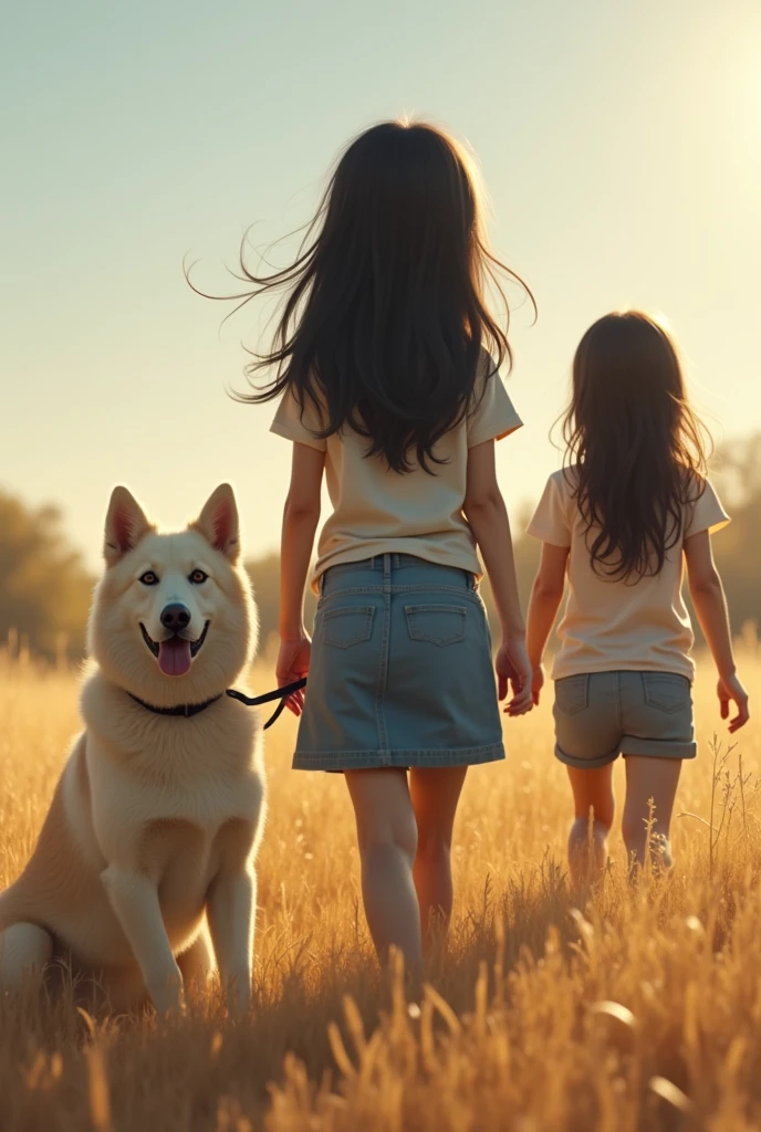 A black-haired girl accompanied by a blonde dog and a teenage girl in a field 