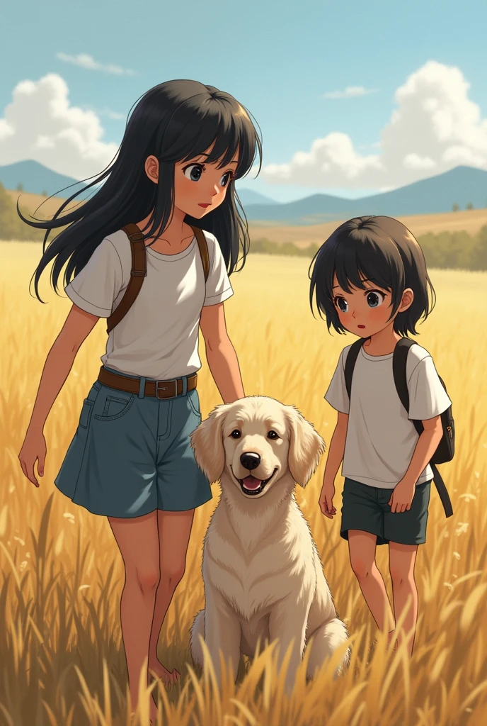 A black-haired girl accompanied by a blonde dog and a age girl in a field