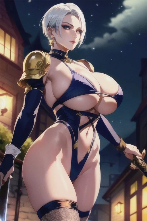 (masterpiece, best quality, ultra detailed, absurdres)1.5, 1girl, (sexy, beautiful woman, perfect face, perfect eyes, perfect female body, huge breasts)1.5, (ivy, short hair, white hair, makeup, thighs, iyclothes, single gold gauntlet, purple leotard, thighhighs, earrings, shoulder armor, high heels, elbow gloves, underboob, holding sword, ), (standing, courtyard, mansion in background, night sky), perfect lighting, smooth, hdr