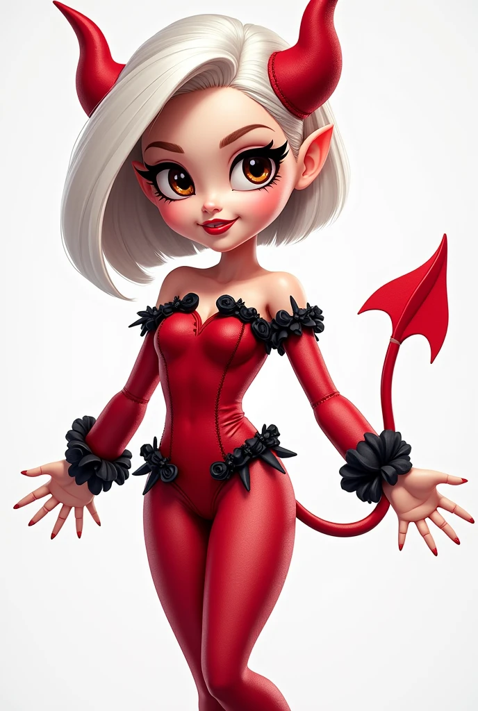 BARBIE Style CARTOON dressed as a devil ,Dark brown eyes, short white hair ,White skin