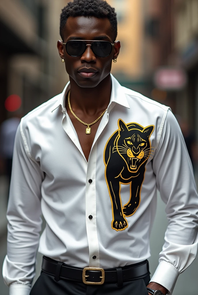 White shirt with gold details with a panther printed on the front and the number,