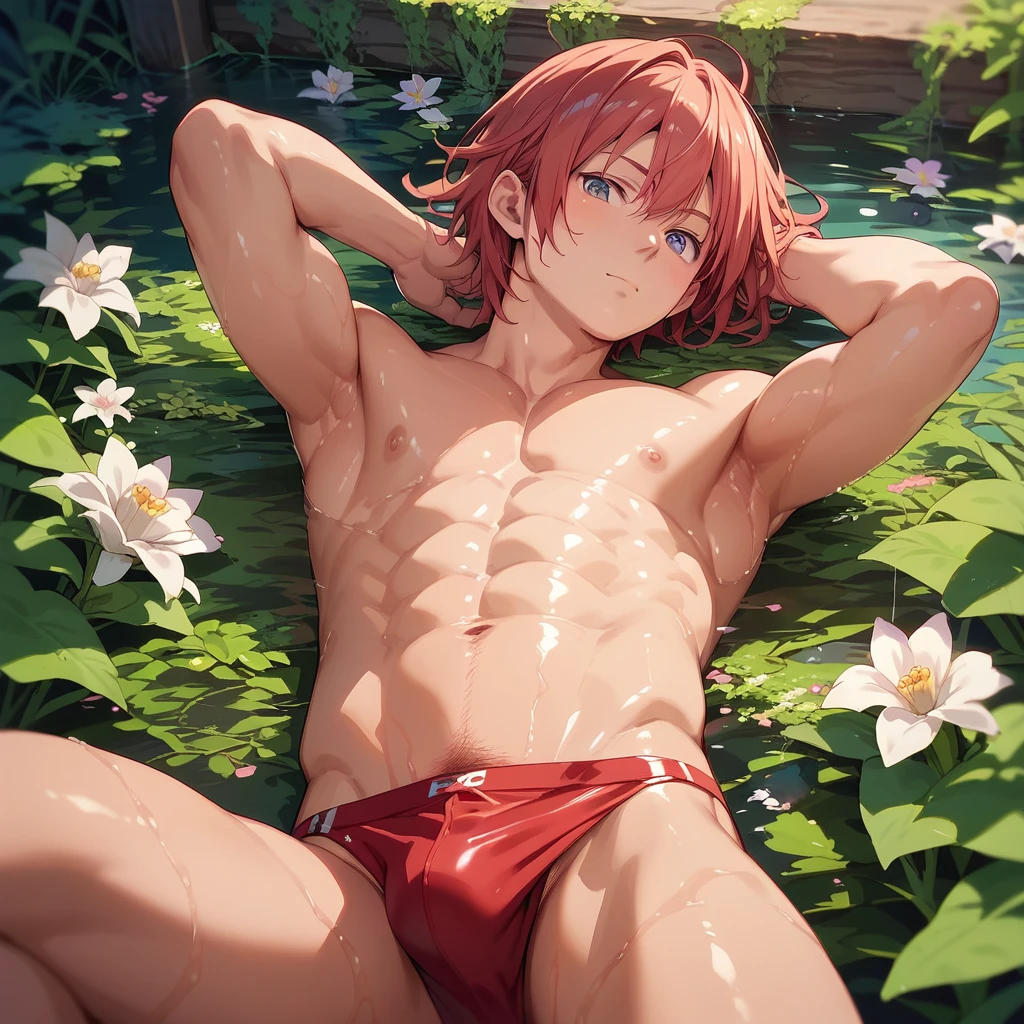 score_9, score_8_up, score_7_up, score_6_up, rating explicit, focus male, source anime, male, purple humanoid, body detail, hot red underwear with flowers, oiled body, pretty face 
