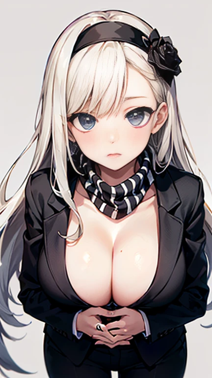 Beauty,Around 20 years old,
Blonde,
(Black Eyes),
(Semi-long hair:1.7),
(expression:Puzzled),
Squat,
Place your arms on your thighs,
Big Breasts,Cleavage:cover,
((business suit:No wrinkles:黒とStriped patternの柄)),
((Dress shirt:Open chest)),
((Slack Pants:No wrinkles)),
((Black scarf:Striped pattern)),
((Black rose headband)),
(Plain background:grey:1.5,ID photo),
4K,
high quality,
Highest quality,
Delicate shades,
Detailed depiction,
Depict the whole,
Facial Contour,
Perfect body structure,
Perfect skeleton,
Perfectly symmetrical eyes,