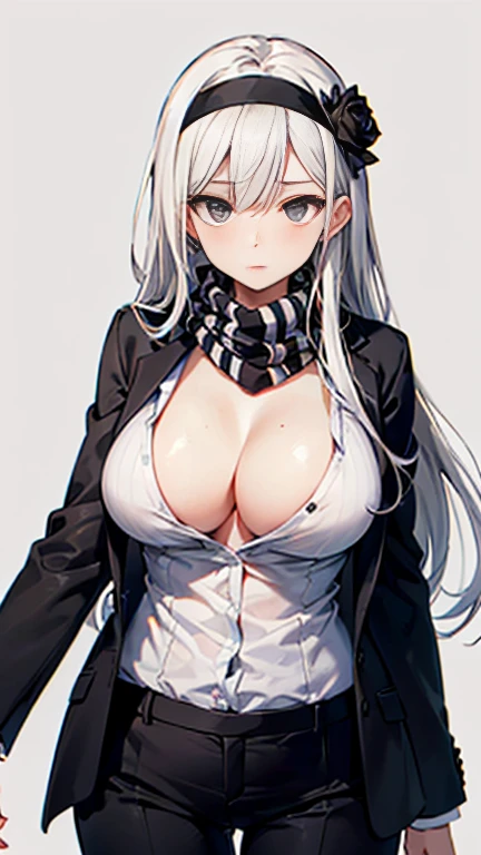 Beauty,Around 20 years old,

Blonde,
(Black Eyes),
(Semi-long hair:1.7),
(expression:Puzzled),
Squat,
Place your arms on your thighs,
Big Breasts,Cleavage:cover,

((business suit:No wrinkles:黒とStriped patternの柄)),
((Dress shirt:Open chest)),
((Slack Pants:No wrinkles)), 
((Black scarf:Striped pattern)),
((Black rose headband)),

(Plain background:grey:1.5,ID photo),

4K,
high quality,
Highest quality,
Delicate shades,
Detailed depiction,
Depict the whole,
Facial Contour,
Perfect body structure,
Perfect skeleton,
Perfectly symmetrical eyes,