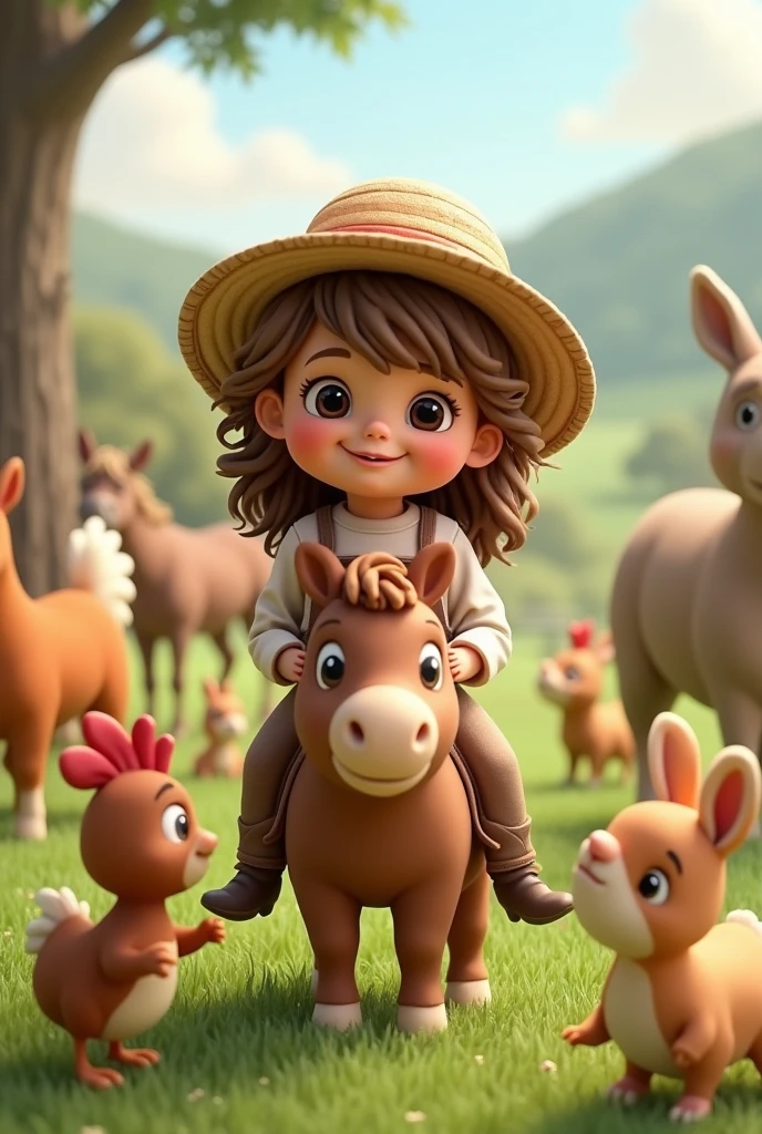 A 2 year old farmer child, long hair, light brown hair slightly curly, brown dark eyes, straw hat working with birds , sitting on the pony, chickens, boi, horses and rabbits 3d hd image