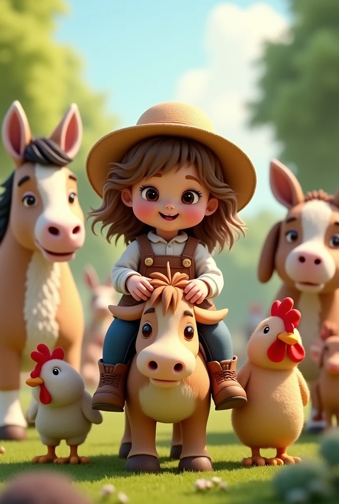 A 2 year old farmer child, long hair, light brown hair slightly curly, brown dark eyes, straw hat working with birds , sitting on the pony, chickens, boi, horses and rabbits 3d hd image