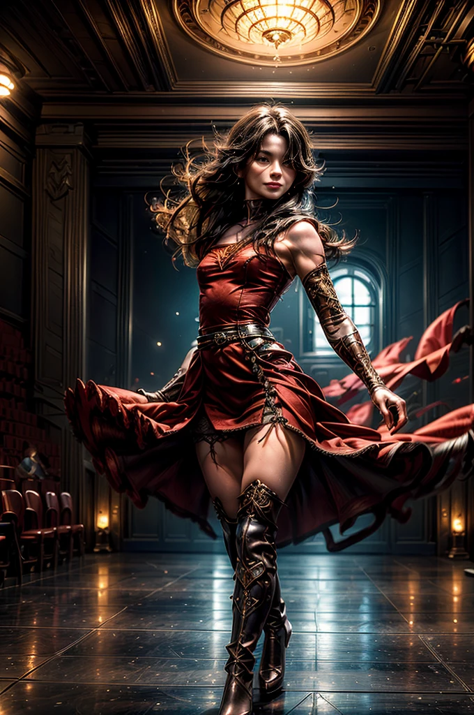 (masterpiece, best quality:1.2), cowboy shot, solo, 1girl, cinder fall, evil smile, looking at viewer, long hair, red dress, elbow gloves, future_urban, standing in theater, orchestra, audience, crowd, (volumetric lighting), intricate details, tonemapping, sharp focus, hyper detailed