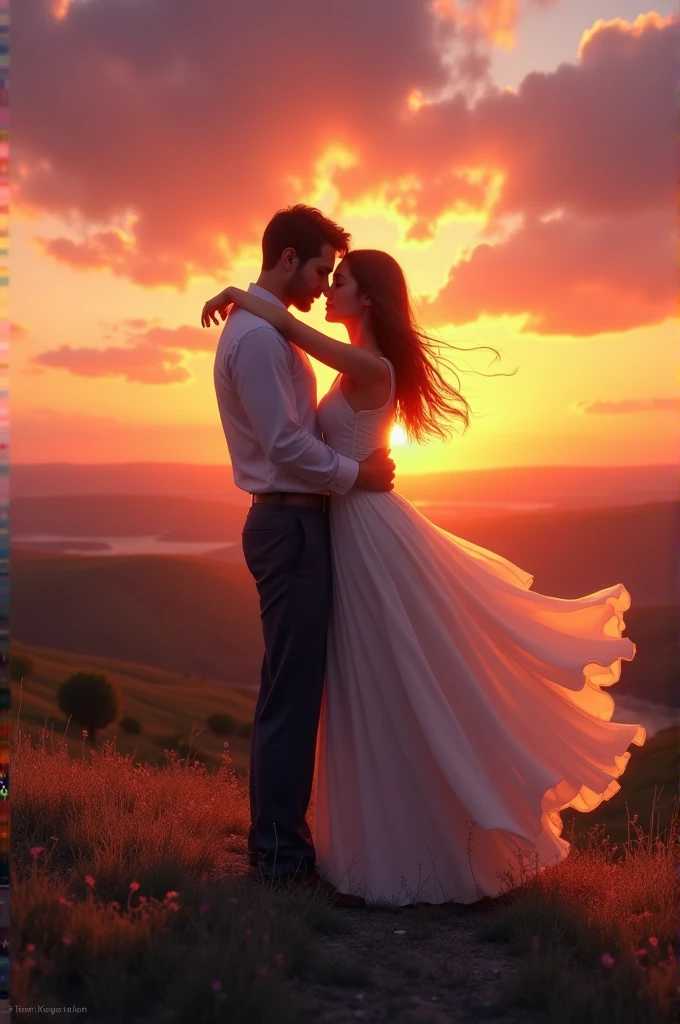 A BEAUTIFUL place a sunset, with a woman hugging a man