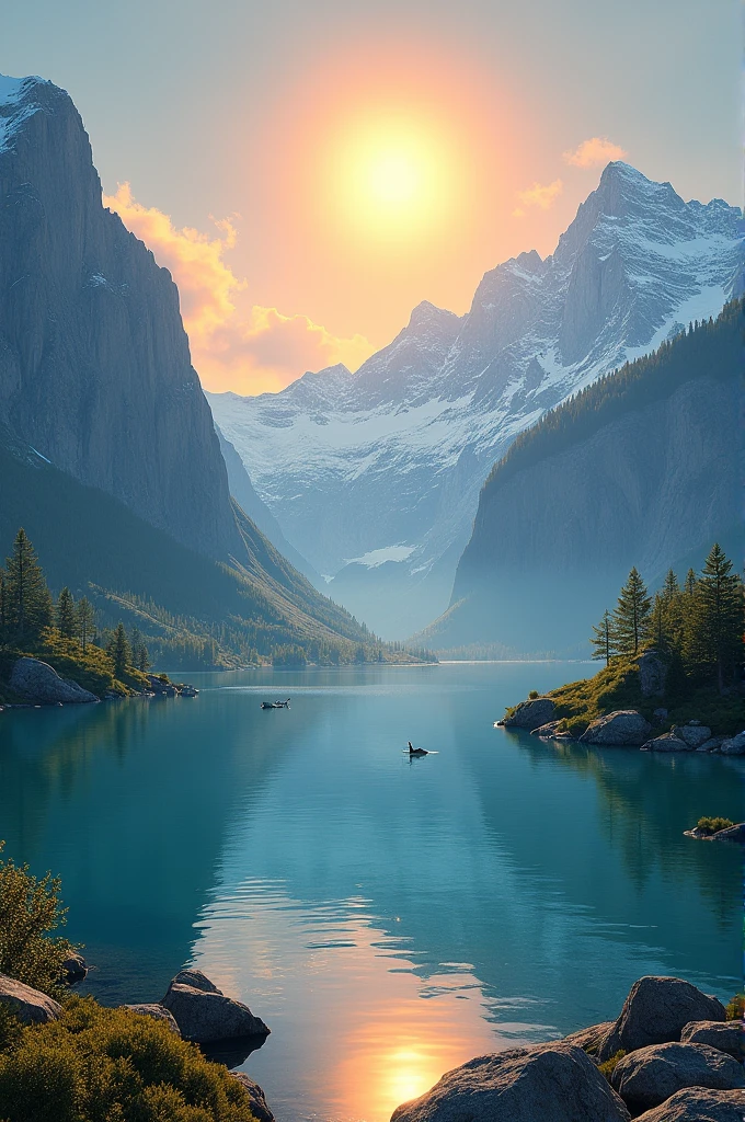A lake with mountains and a sun