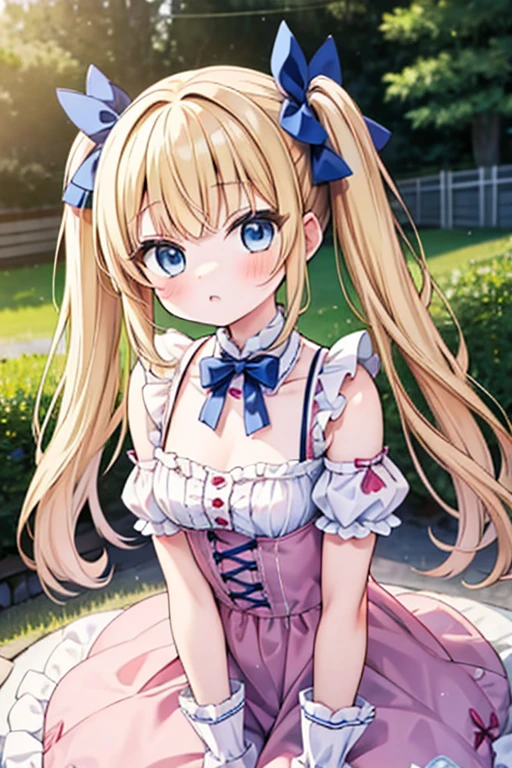 blonde blue eyes、ta、small breasts、twin tails、female brat,Have a bug trap,