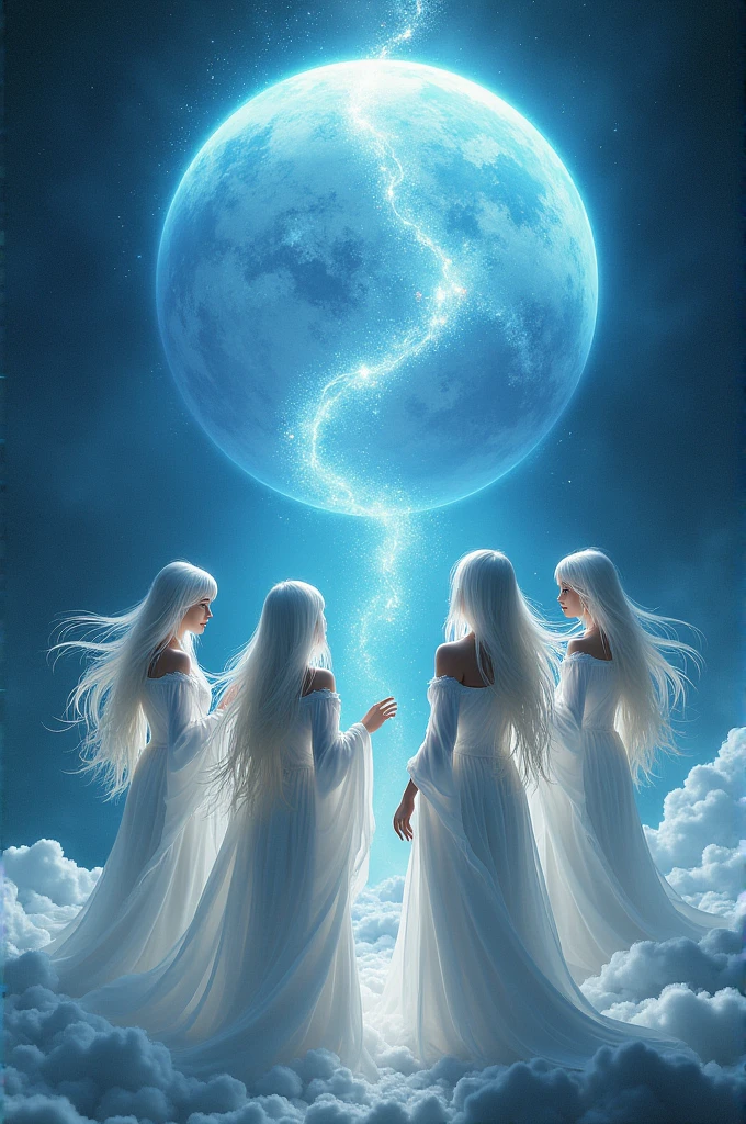 4 girls, with white hair, white dress, creating a white and blue planet, in the background the universe 