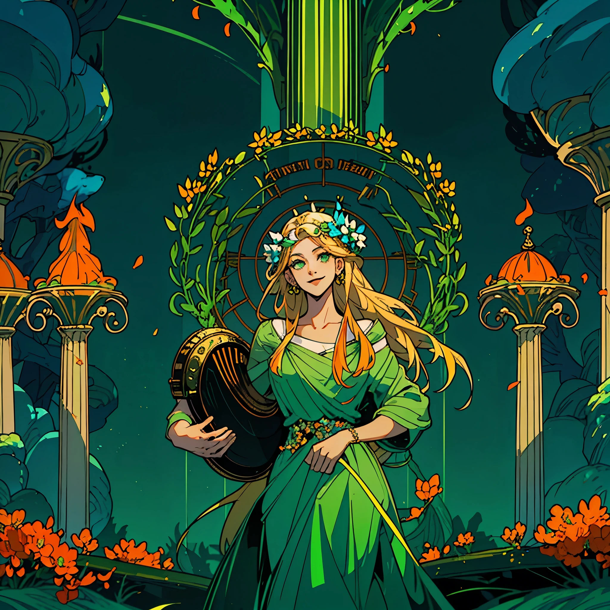1woman, alone, 25 years old, young, blonde hair, green eyes, insister sur les reflets des yeux verts, cheveux blonds, long hair, green dress, robe verte, green outfit, green clothes, pure outfit, smiling, soft expression, hades style, hades game, Jen zee style, greek themed image, greek background, persephone, tartarus scenery, in a garden with orange flowers, fumes, greek columns in background, lots of columns, greek architecture, green themed image, black furniture, blue touches of color, orange walls, looking at viewer, holding a lyre, holding a musical instrument, soft themed image, hades, game, wiki