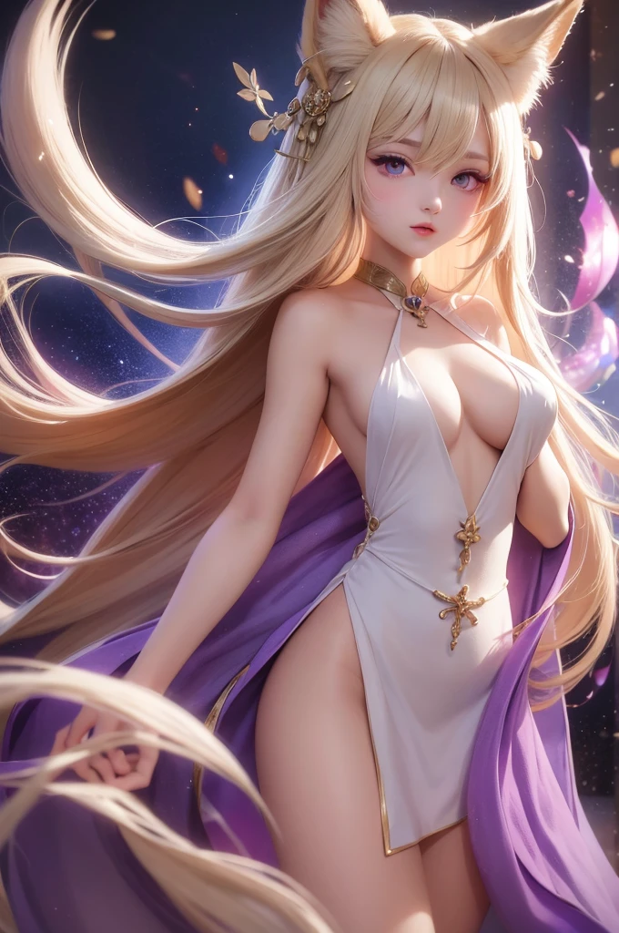 blonde、long hair、fox ears、purple eyes、beauty、White Chinese Dress with Open Bust、Fantastic background、looking at the camera, sex, hentai, naked body