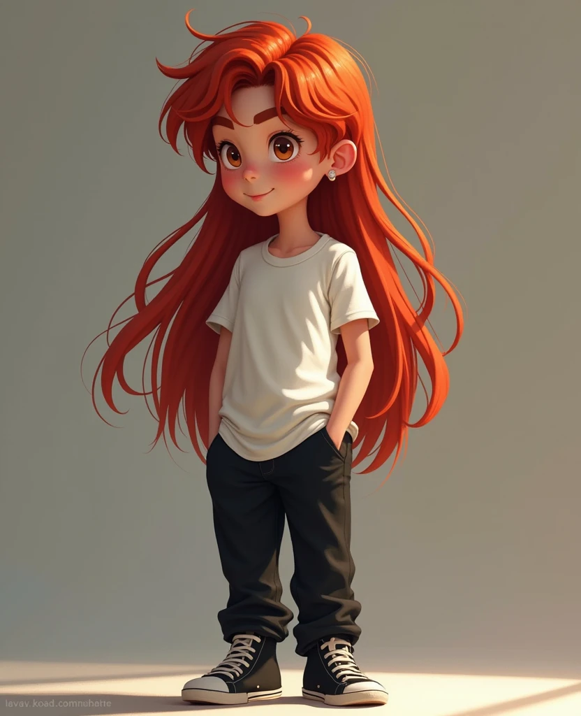 boy realistic style, long red hair down to the floor, black pants, white t-shirt