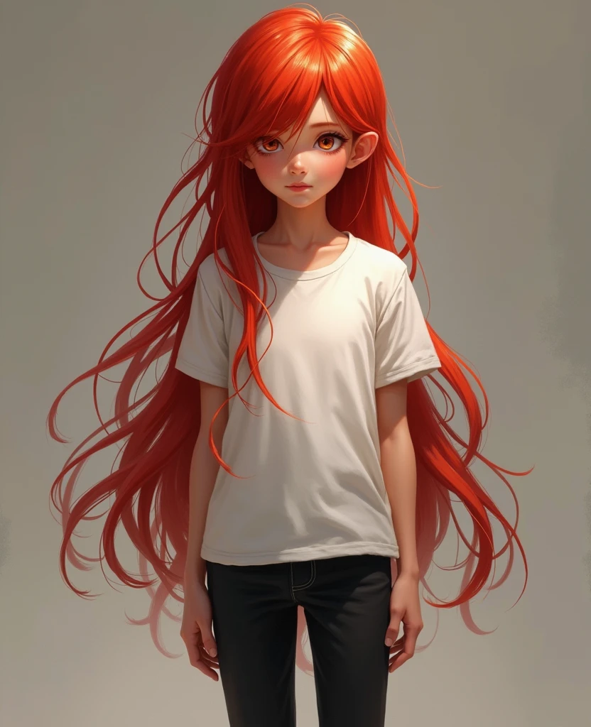 boy realistic style, long red hair down to the floor, black pants, white t-shirt
