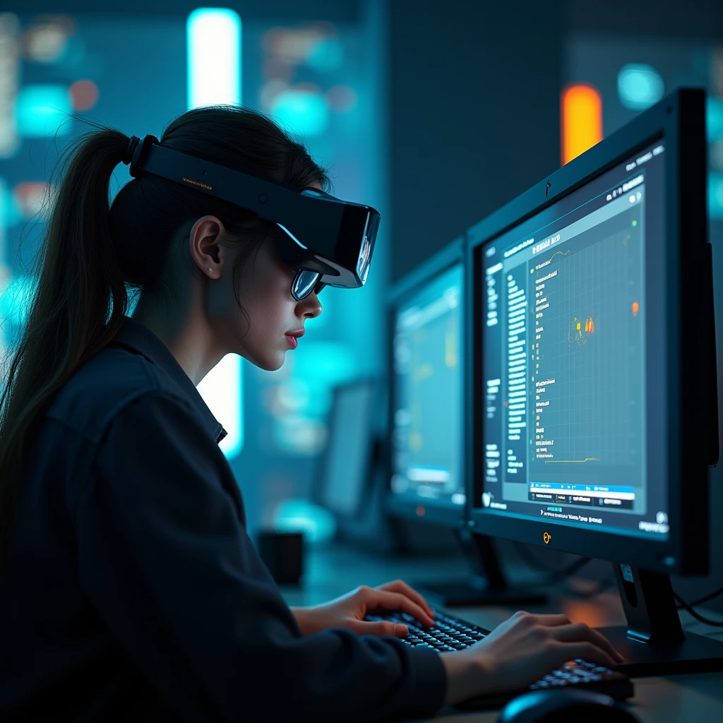 ((Highest quality)), ((masterpiece)), (High definition:1.3), .3d,Ticker._Technotrex, Beautiful woman, Too., Hack a computer terminal (Wear chubby, high-tech head-mounted display.:1.2),Computer Server, LCD screen, Fiber Optic Cable, Company logo,High resolution (High Dynamic Range),Ray Tracing,NVIDIA,High resolution,Unreal 5,Scattered beneath the surface,PBR Textures,Post-processing,Anisotropic Filtering,Deep writing depth,Exceptional sharpness and clarity,Multilayer Texture,Albedo and Specular Maps,Surface Shading,Accurate simulation of light-matter interactions,Perfect Proportions,Octanellender,Two-tone lighting,Low ISO,White balance,Three-part method,wide aperture,8K RAW,Efficient Subpixel,Subpixel distortion,Glowing particles,Light Scattering,Tyndall effect
