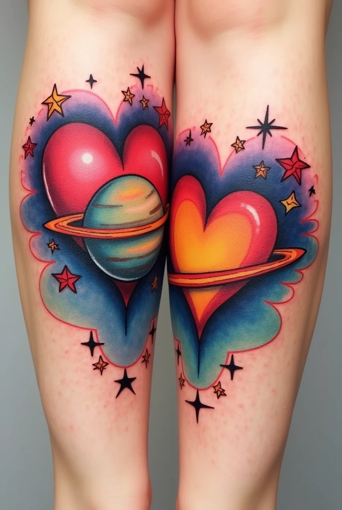 Two hearts with a Saturn and three stars in a line for color tattoos 