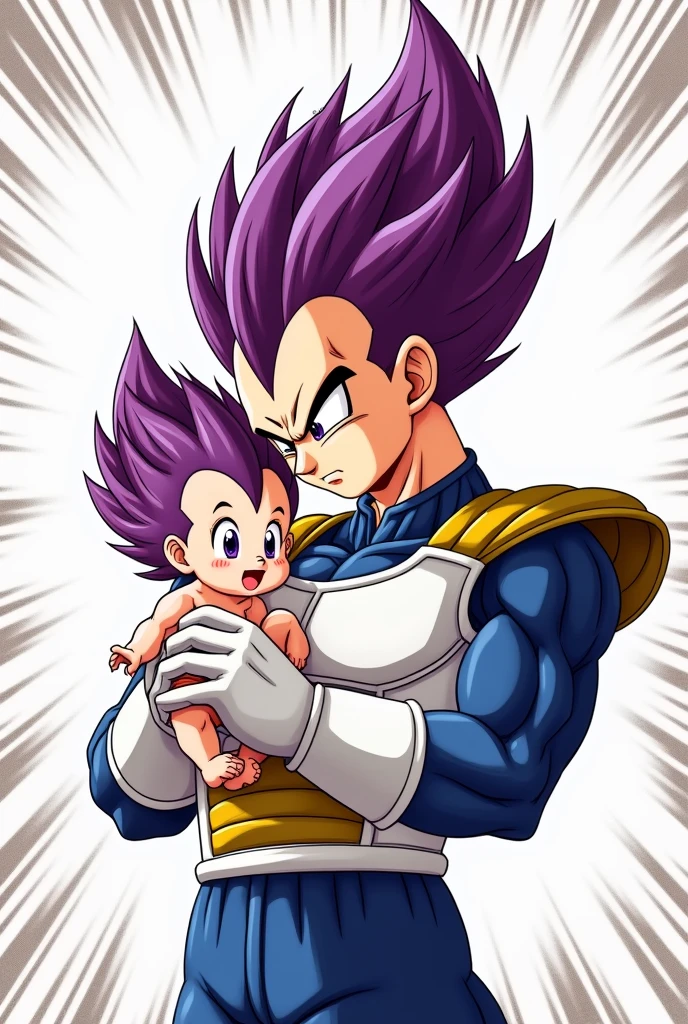 A baby with purple hair being carried by Vegeta in manga style 