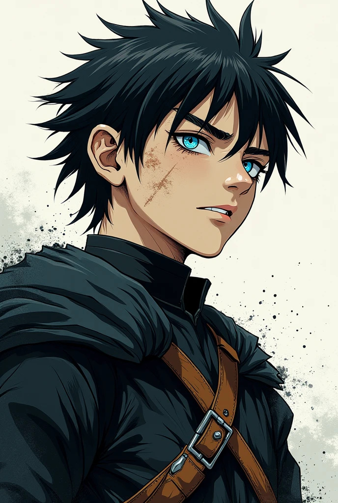 in manga style, a young soldier with black hair shaved on the sides a bit like a viking. His right eye is blind and closed by a scar caused by a dragon and his left eye is blue.. He is dressed in black and is about twenty years old.