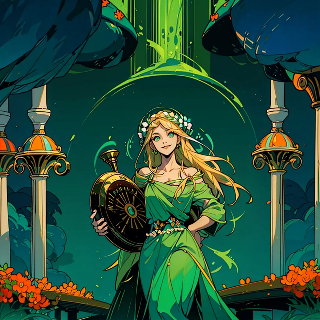 1woman, alone, 25 years old, young, blonde hair, green eyes, insister sur les reflets des yeux verts, well detailed eyes, cheveux blonds, long hair, green dress, robe verte, green outfit, green clothes, pure outfit, smiling, soft expression, hades style, hades game, Jen zee style, greek themed image, greek background, persephone, tartarus scenery, in a garden with orange flowers, fumes, greek columns in background, lots of columns, greek architecture, green themed image, black furniture, blue touches of color, orange walls, looking at viewer, holding a lyre, holding a musical instrument, soft themed image, hades, game, wiki