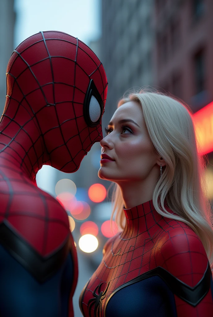 detailded, spiderman with the mask open in his mouth staring at gwen in a web, focus on gwen looking at the screen, photo realist, natta, red traffic lights, fully body, 4K
