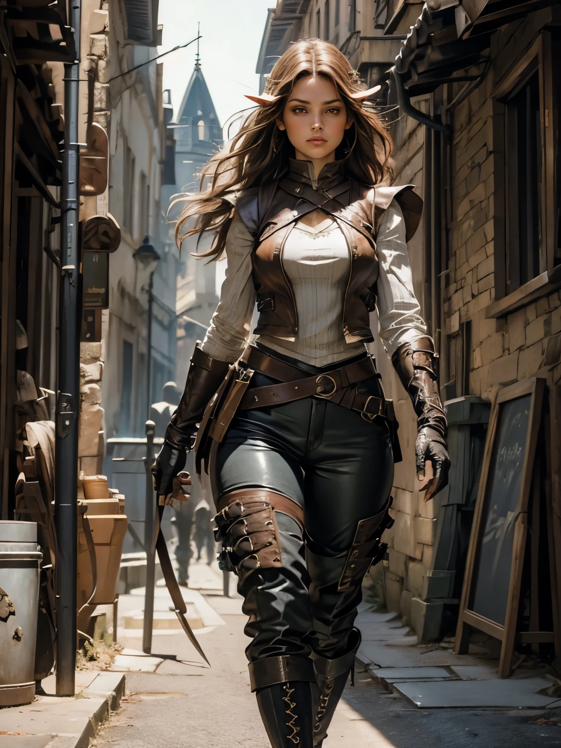 ((Medieval fantasy setting)). Tags: super detail, high details, high quality, best quality, highres, 4K, portret, detailed face, face fix, 1girl 
"Echo is a 22-year-old half-elf. She has light brown skin. Thick light chestnut hair with caramel highlights and soft waves. Brown eyes with green hues. Her beautiful face is oval with soft features and pronounced cheekbones. She has full and attractive lips with a natural blush. A slight scar over her right eyebrow. Her ears are small like a human's but pointed like an elf's. Her physique is athletic and slim, she toned and flexible. She has a round and elastic body shapes."
Clothing. Vest: A leather vest of dark turquoise color, closes the body, providing protection to the chest and back. Metal inserts inside the vest provide additional protection without increasing weight. The vest closes with a lace-up front that is easily tightened for a comfortable fit.
Pants: Dark brown leather pants with a high waist, emphasize the hips and waist without restricting movement. There are special pockets on the hips for throwing knives, which are closed with metal fasteners. The leather is thick but flexible, allowing for free movement.
Gloves: Dark brown fingerless leather gloves with reinforced knuckles and wrists. They protect the hands during combat, but leave the fingers free for manipulating weapons.
Boots: Dark brown knee-high leather boots with reinforced toes and heels, hidden inside compartments for daggers. The sole is soft, which allows you to move silently.
Background: Deserted fantasy medieval alley in the old city.