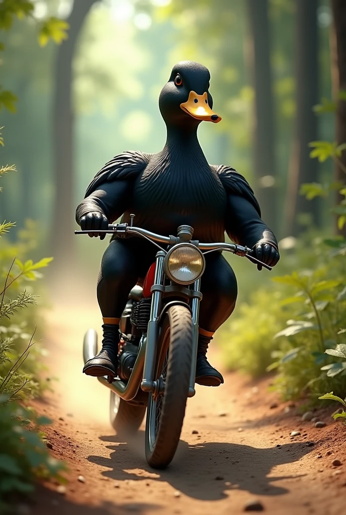 black duck, riding a trail bike 
