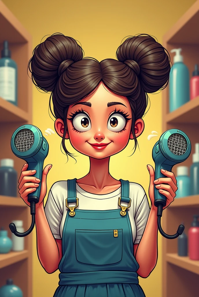 Woman with buns covering her eyes with two hair cutting machines in cartoon style