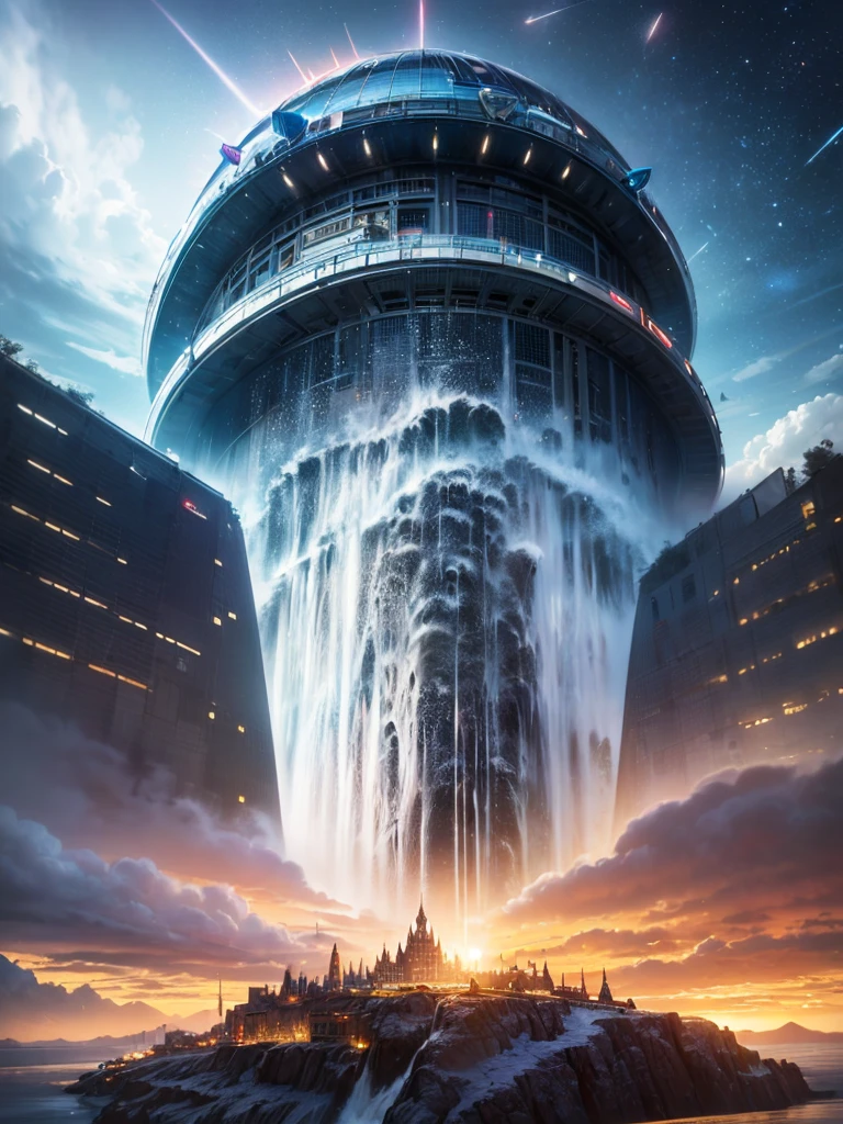 (8k, highest quality, masterpiece, final fantasy style: 1.2), (unRealistic, photoRealistic: 1.37), Dreamy landscape, Fantasy, Unsurreal landscapes, Super detailed, Flying Castle, Floating Island in the Sky, Seven-colored swirl of light, Intense lightning, milky way, Complex Light, Colored light, Large Lake, Starry sky reflected on the lake surface, Countless shining stars, Meteors, Reflections , (A pillar of light emanated from the ground:1,2), roses and orchids gardens , sunset, pink clouds, waterfalls in the sky, realistic style, Hyperrealism drawing, a flying pirate spaceship floating at the clouds level, burning skyscrapers, cyborgs, timeless realms, stunning princess , casting spell, healing light magic effect, in a magical lagoon of the fairyland, crystal clear water surface reflections, sharp focus, looking at viewer, (close-up:0.9), (bright white theme:1.2), (bright white tone:1.2), (deep blue tone:1.3),((( realistic, Hyperrealism, vivid colours , landscapes , alien cyborgs , science fiction themes))), (((2 humanoid stunning female cyborgs posing )))