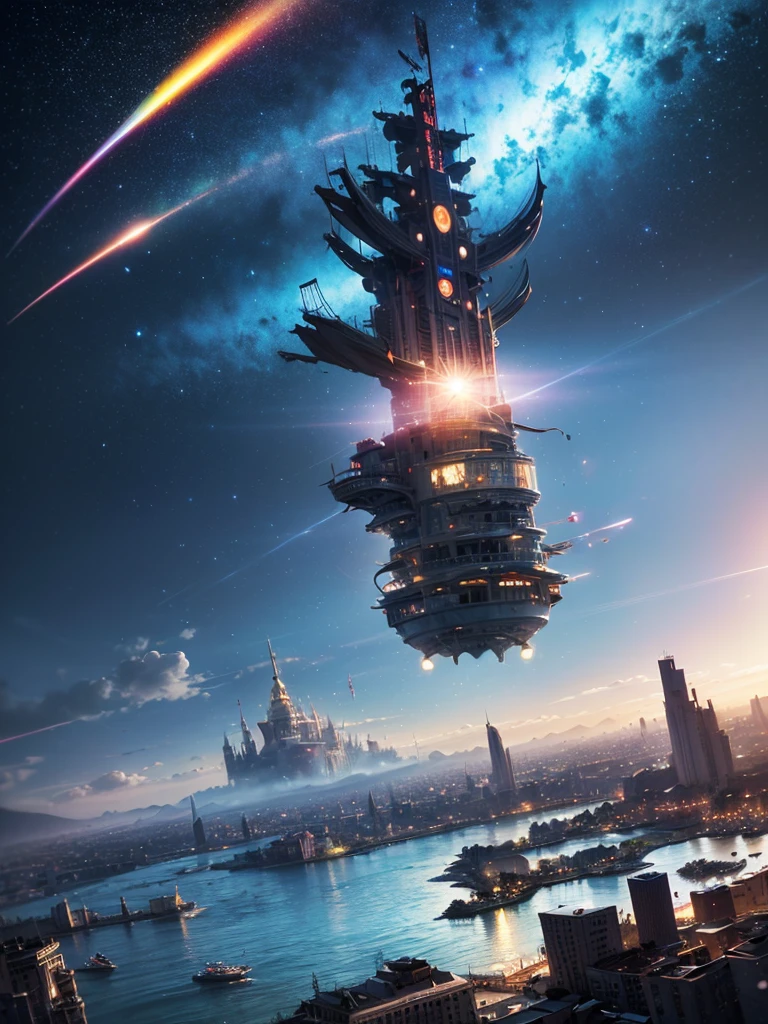(8k, highest quality, masterpiece, final fantasy style: 1.2), (unRealistic, photoRealistic: 1.37), Dreamy landscape, Fantasy, Unsurreal landscapes, Super detailed, Flying Castle, Floating Island in the Sky, Seven-colored swirl of light, Intense lightning, milky way, Complex Light, Colored light, Large Lake, Starry sky reflected on the lake surface, Countless shining stars, Meteors, Reflections , (A pillar of light emanated from the ground:1,2), roses and orchids gardens , sunset, pink clouds, waterfalls in the sky, realistic style, Hyperrealism drawing, a flying pirate spaceship floating at the clouds level, burning skyscrapers, cyborgs, timeless realms, stunning princess , casting spell, healing light magic effect, in a magical lagoon of the fairyland, crystal clear water surface reflections, sharp focus, looking at viewer, (close-up:0.9), (bright white theme:1.2), (bright white tone:1.2), (deep blue tone:1.3),((( realistic, Hyperrealism, vivid colours , landscapes , alien cyborgs , science fiction themes))), (((2 humanoid stunning female cyborgs posing )))