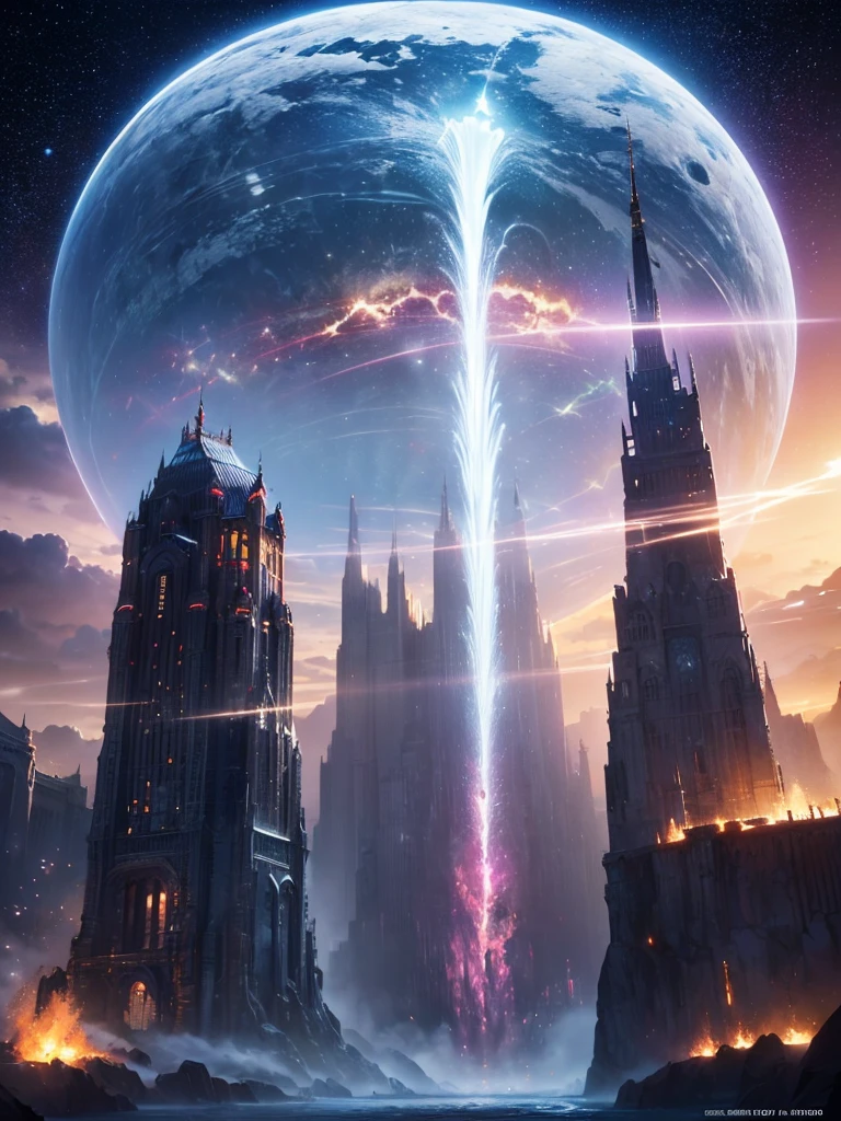 (8k, highest quality, masterpiece, final fantasy style: 1.2), (unRealistic, photoRealistic: 1.37), Dreamy landscape, Fantasy, Unsurreal landscapes, Super detailed, Flying Castle, Floating Island in the Sky, Seven-colored swirl of light, Intense lightning, milky way, Complex Light, Colored light, Large Lake, Starry sky reflected on the lake surface, Countless shining stars, Meteors, Reflections , (A pillar of light emanated from the ground:1,2), roses and orchids gardens , sunset, pink clouds, waterfalls in the sky, realistic style, Hyperrealism drawing, a flying pirate spaceship floating at the clouds level, burning skyscrapers, cyborgs, timeless realms, stunning princess , casting spell, healing light magic effect, in a magical lagoon of the fairyland, crystal clear water surface reflections, sharp focus, looking at viewer, (close-up:0.9), (bright white theme:1.2), (bright white tone:1.2), (deep blue tone:1.3),((( realistic, Hyperrealism, vivid colours , landscapes , alien cyborgs , science fiction themes))), (((2 humanoid stunning female cyborgs posing )))