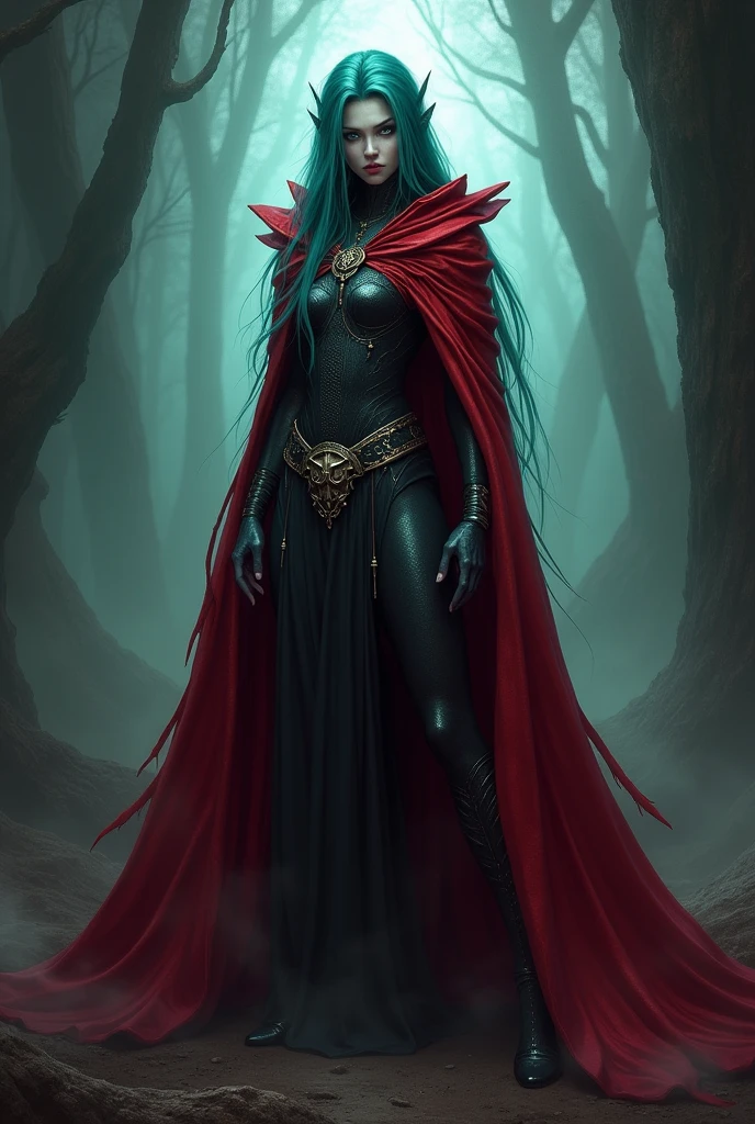 A moon elf with teal hair a red cloak and glowing eyes ready to assassinate. Warlock who drains souls. Full body. 