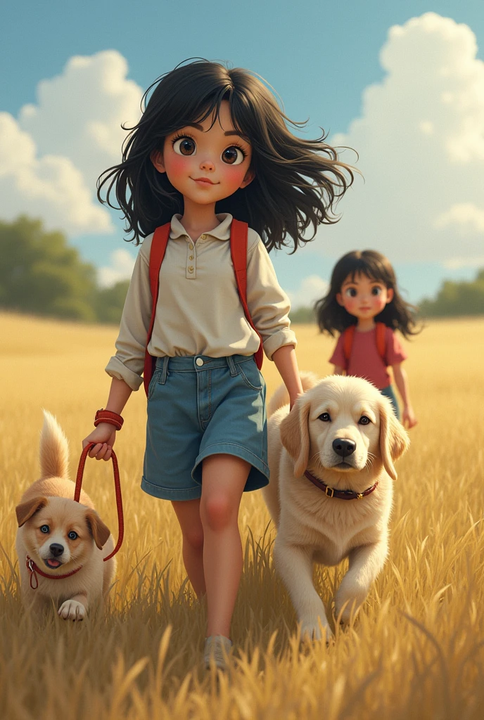 A black-haired girl accompanied by a blonde dog and a teenage girl in a field 