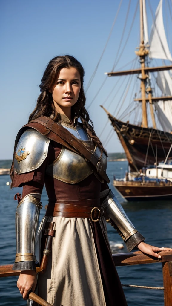 Highest quality realistic photos, In the medieval harbour、A female warrior standing in front of a wooden sailing ship, Beautiful Face