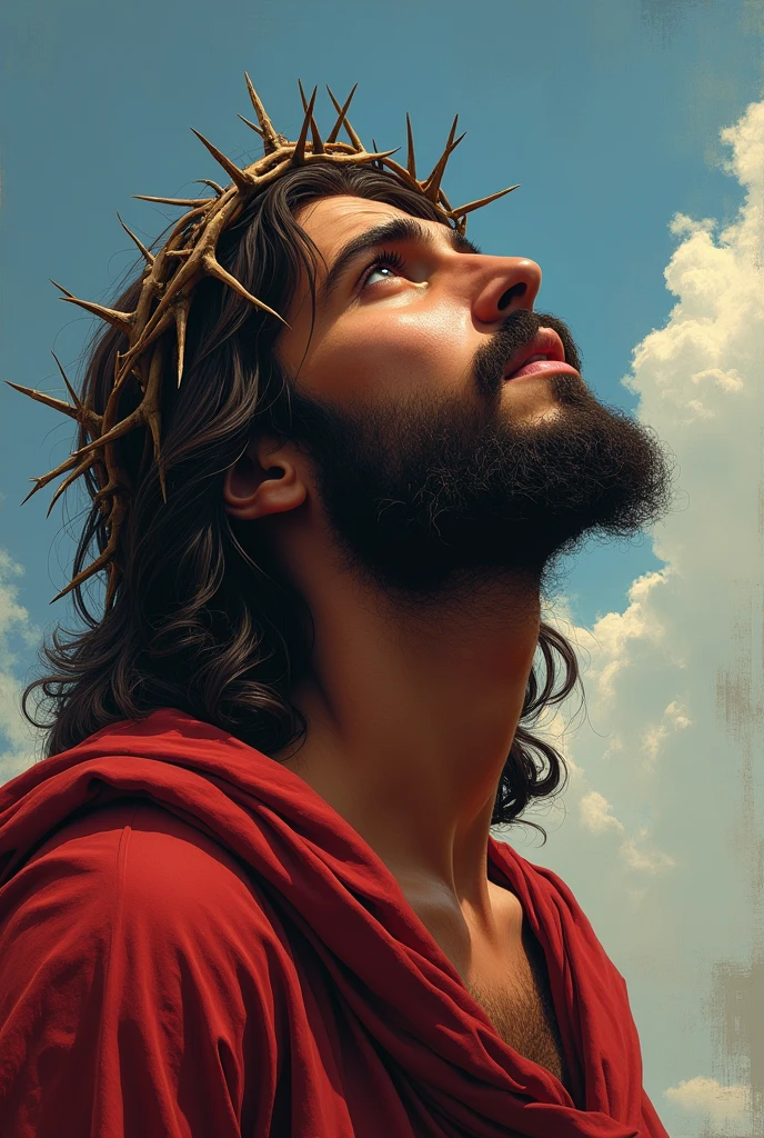 jesus looking at the sky with a crown of thorns on his head, captures the face well, thin, man, estilo de arte super realista, por László Balogh, inspirado em Mort Künstler, Muito realista, estilo de ilustração realista, close de retrato de cena de filme, very Muito realista, Muito realista effect, arte hiper-realista