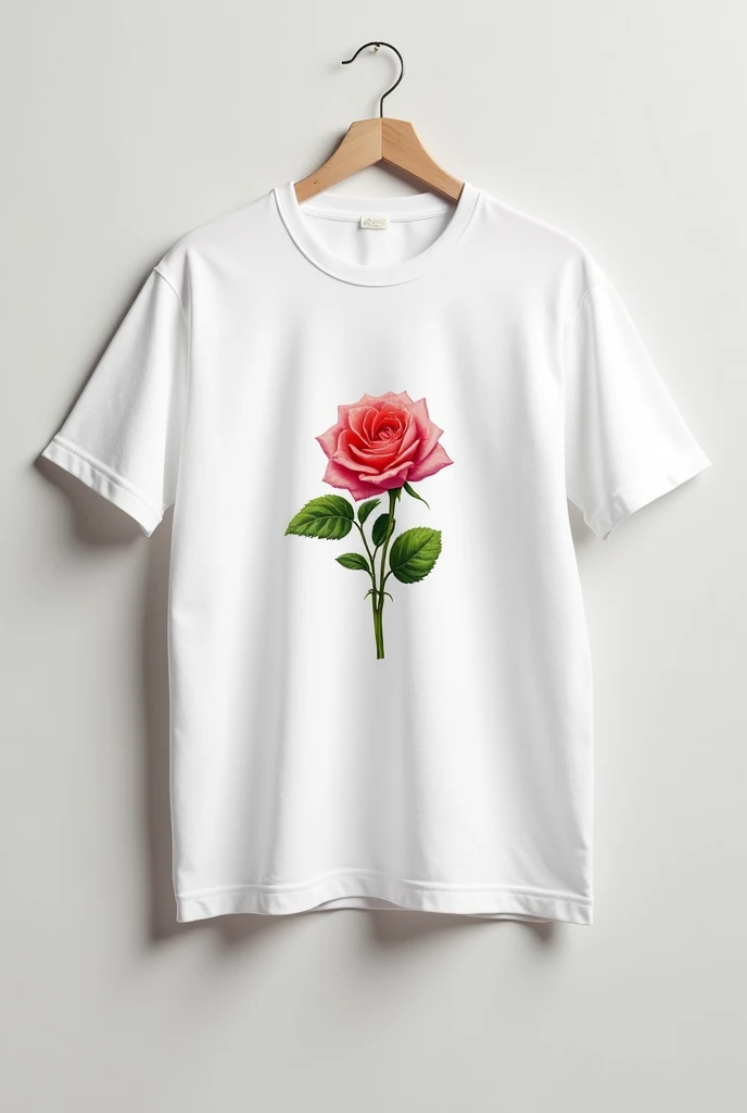 A white t-shirt with a drawing of a rose in the center 